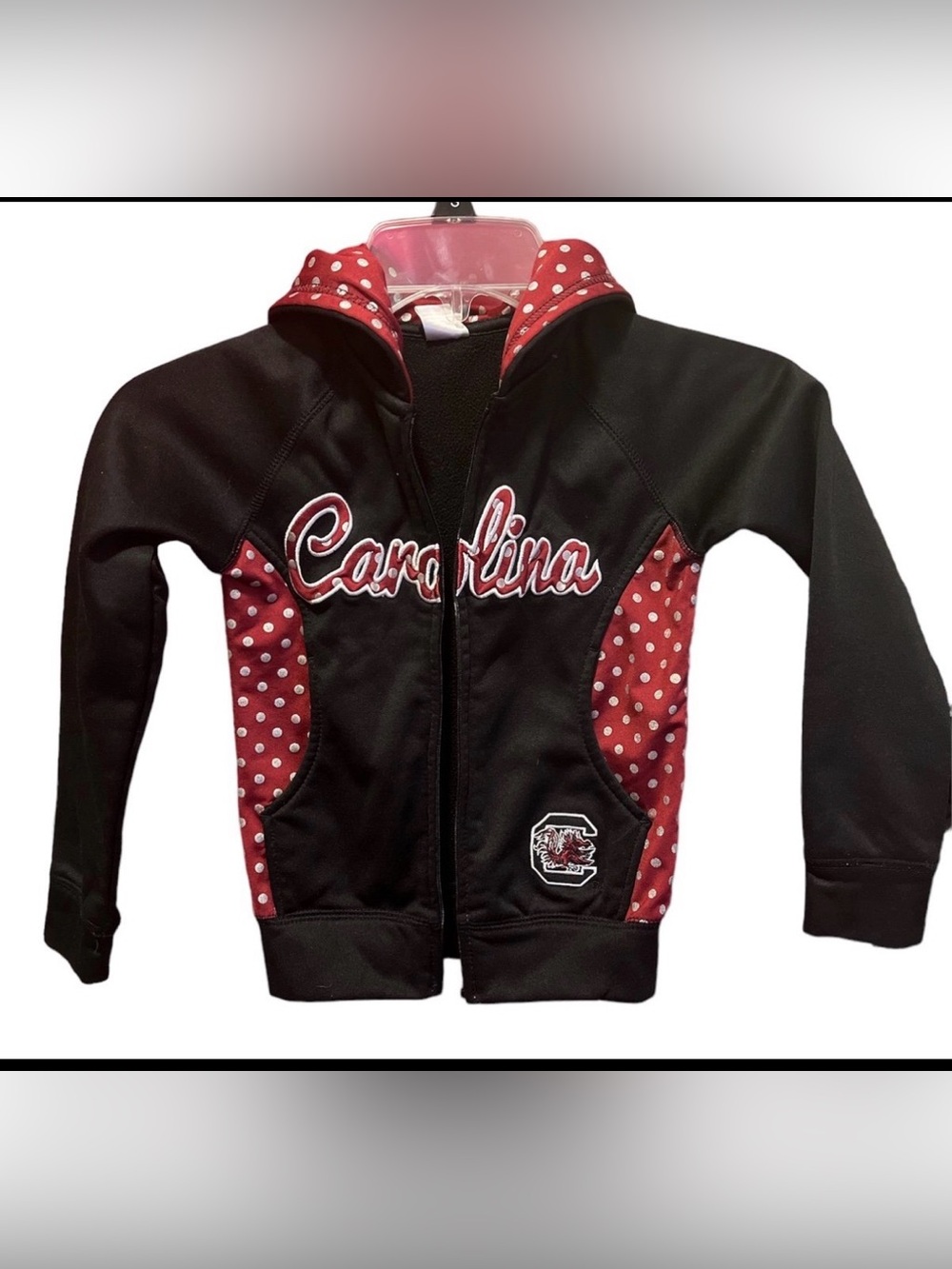 Girls USC Gamecocks garnet, black and white polka dot, front zip hoodie